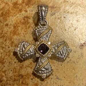 Judith Ripka Pendant/Enchancer Cross Sterling Two Tone with Amethyst and Cz's